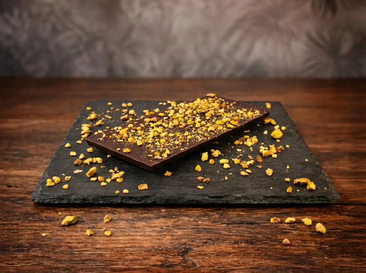 Tablette chocolat noir, praliné et pistache